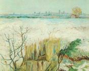 文森特 威廉 梵高 : 背景中有阿尔勒的雪景